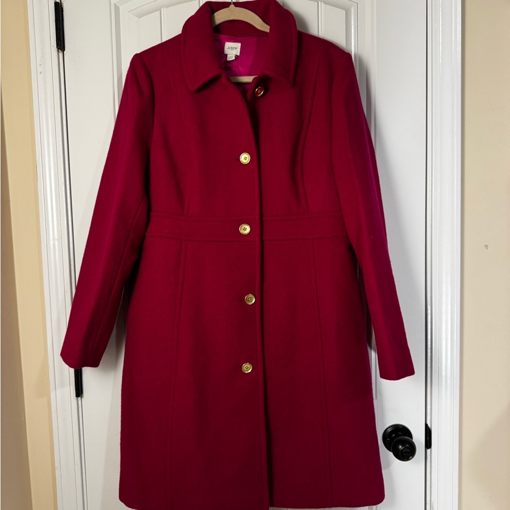 J. Crew Hot Pink Wool Blend Trench Coat with Gold Buttons - Picture 2 of 12